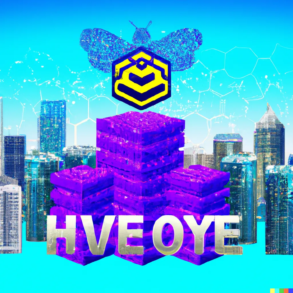 DALL·E 2023-02-06 00.28.08 - A city on the Hive blockchain, with towering code and data skyscrapers and a holographic Hive logo statue..png