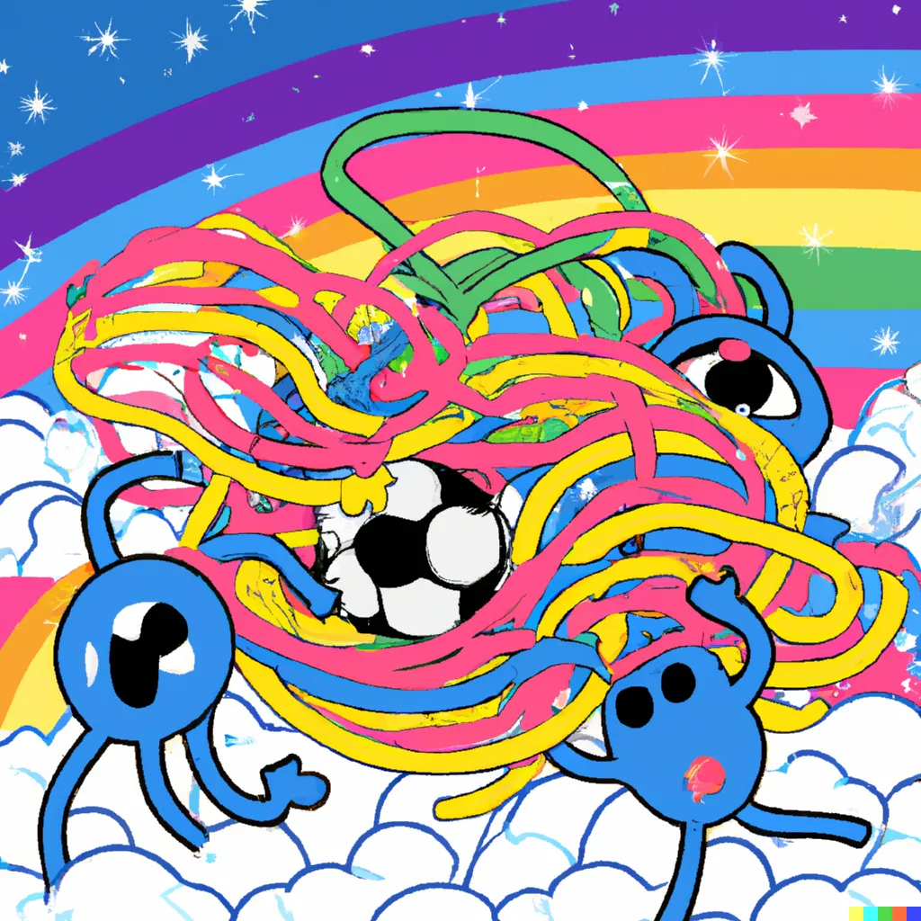 DALL·E 2023-02-06 00.13.30 - Spaghetti monsters playing soccer on a rainbow cotton candy planet with bouncing eyeball fans..png