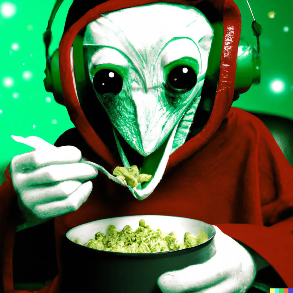 DALL·E 2022-10-02 21.11.46 - An alien with a santa hood eating cereal while listening to korn .png