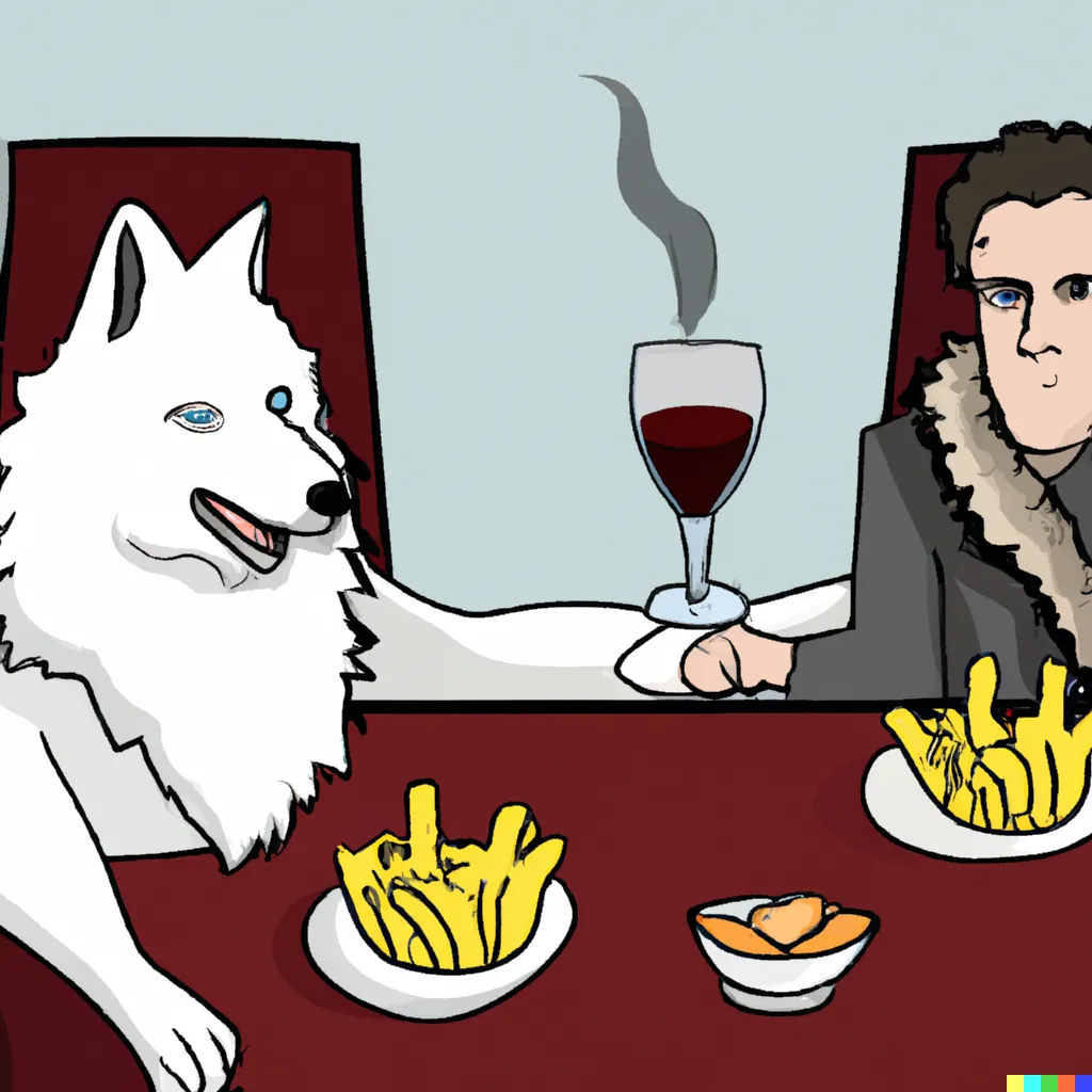 DALL·E 2022-10-02 21.15.47 - jon snow playing poker with his white red eyed wolf while eating some french fries and having some wine.png