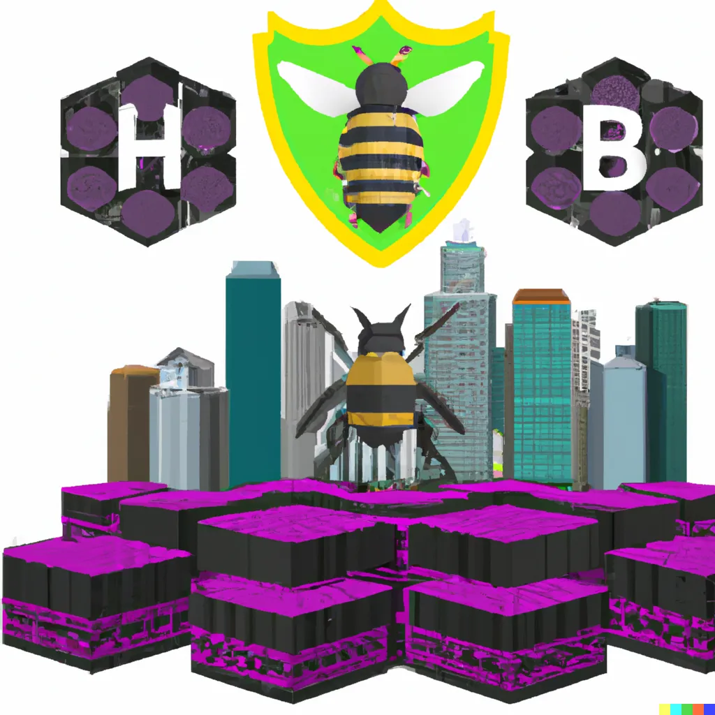 DALL·E 2023-02-06 00.28.22 - A city on the Hive blockchain, with towering code and data skyscrapers and a holographic Hive logo statue..png