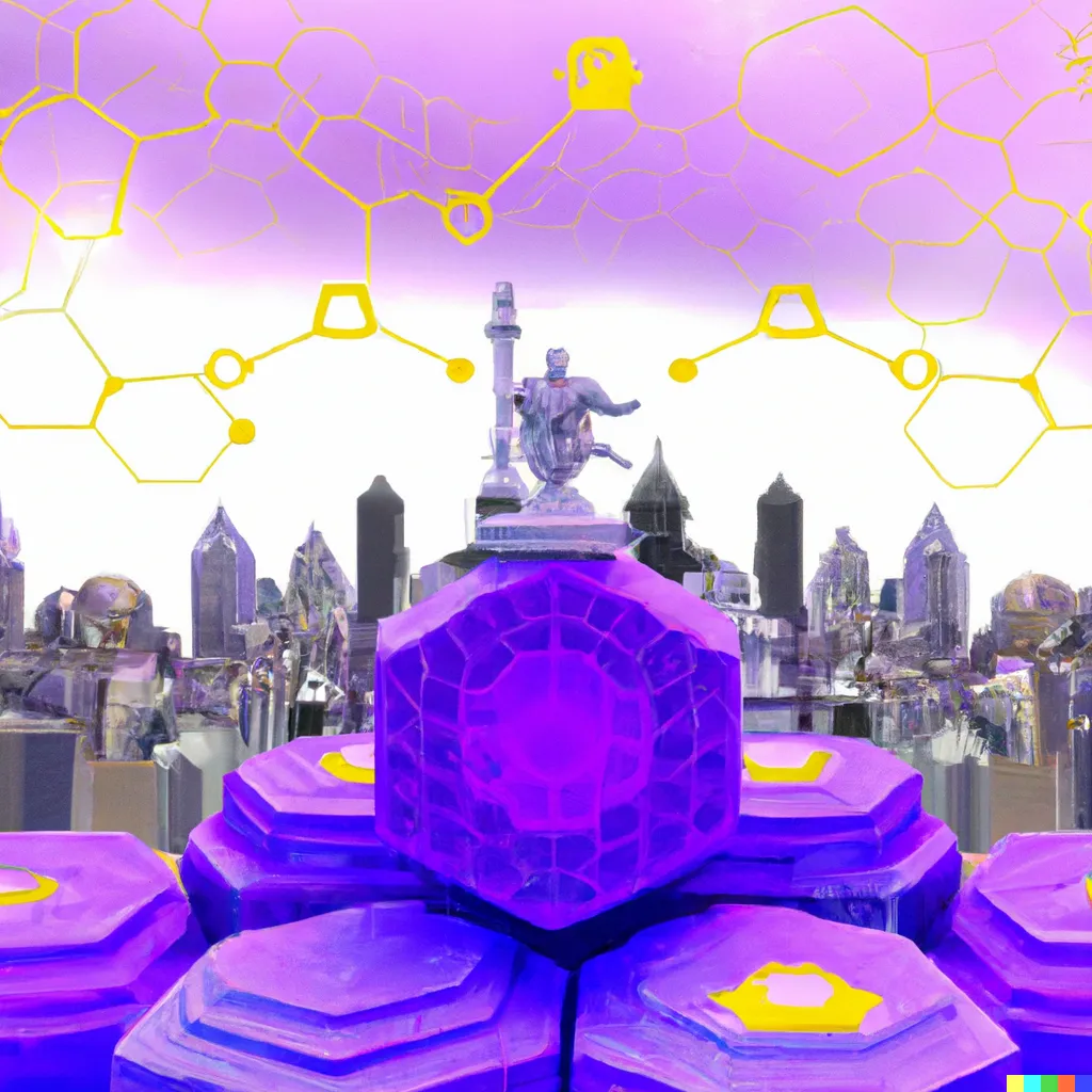 DALL·E 2023-02-06 00.27.59 - A city on the Hive blockchain, with towering code and data skyscrapers and a holographic Hive logo statue..png