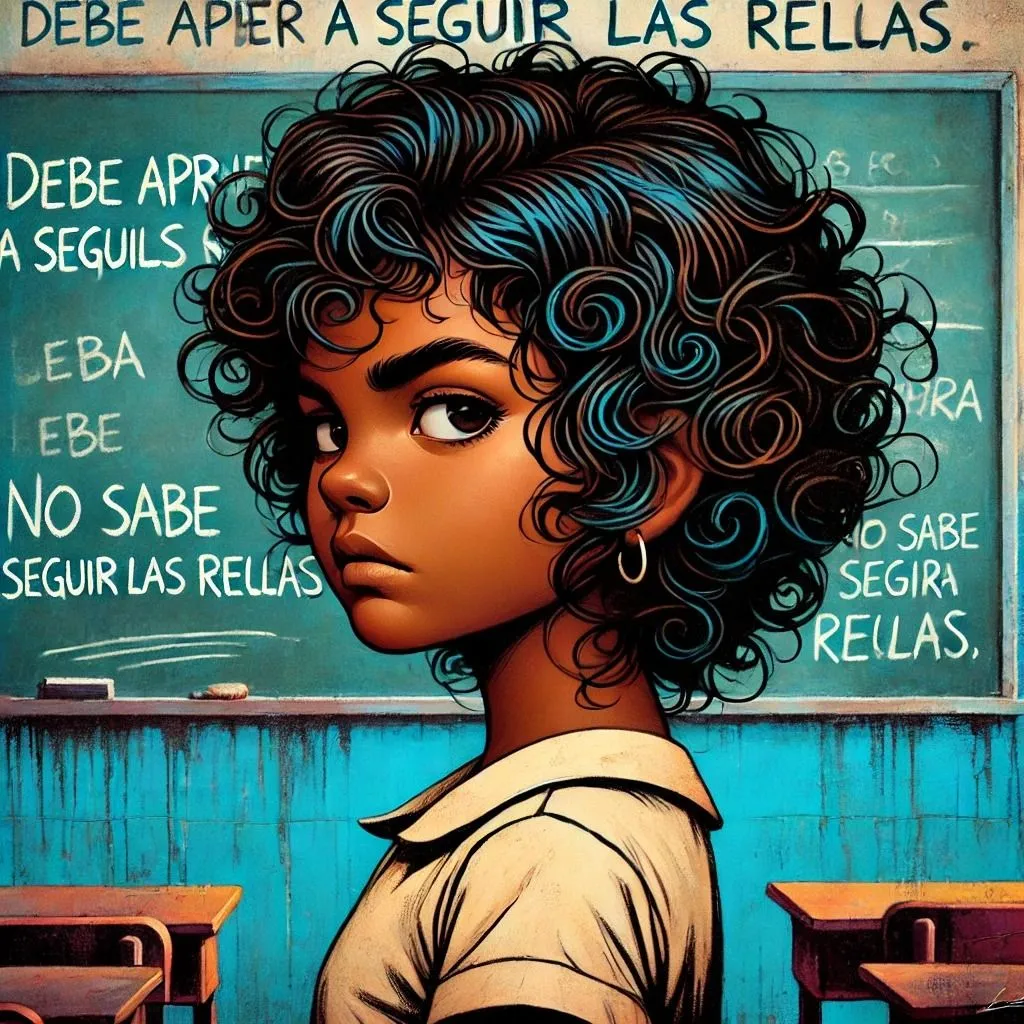 DALL·E 2024-09-11 17.54.10 - An illustration depicting a young, brown Latin girl with black curly hair, exuding a sense of rebellion and curiosity. She's standing in a school clas.jpg