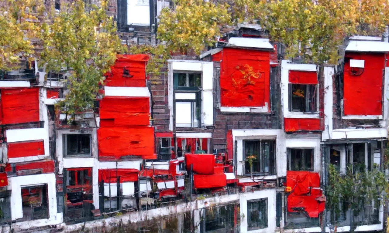 "Hotels stacked on top of eachother near Amsterdam Canals, color theme: red, in style of Vincent van Gogh"