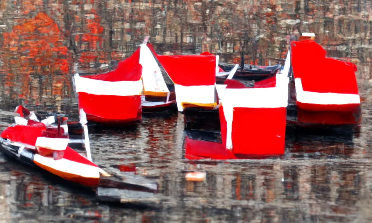 Rowing boats on the River Amstel, in style of Piet Mondriaan, red color theme