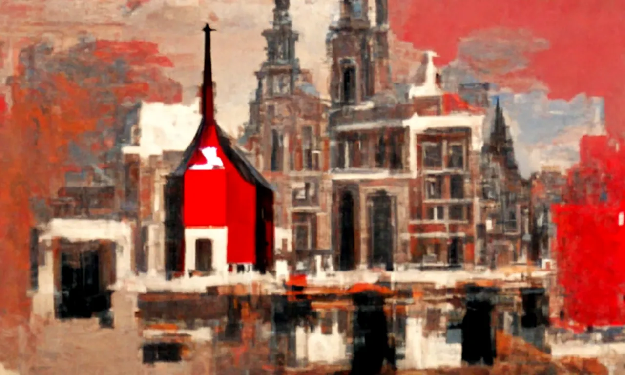 Zuiderkerk Amsterdam in style of Johannes Vermeer, red color theme