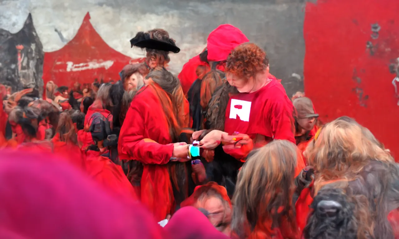 Exchanging a festival ticket for a wristband, in style of Rembrandt, red color theme