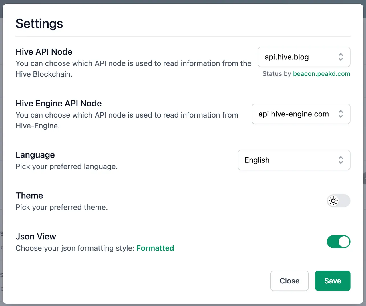 Settings menu