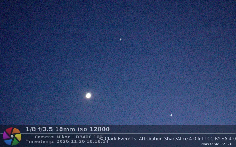 ISS above the Moon, with Saturn, then Jupiter, to the right