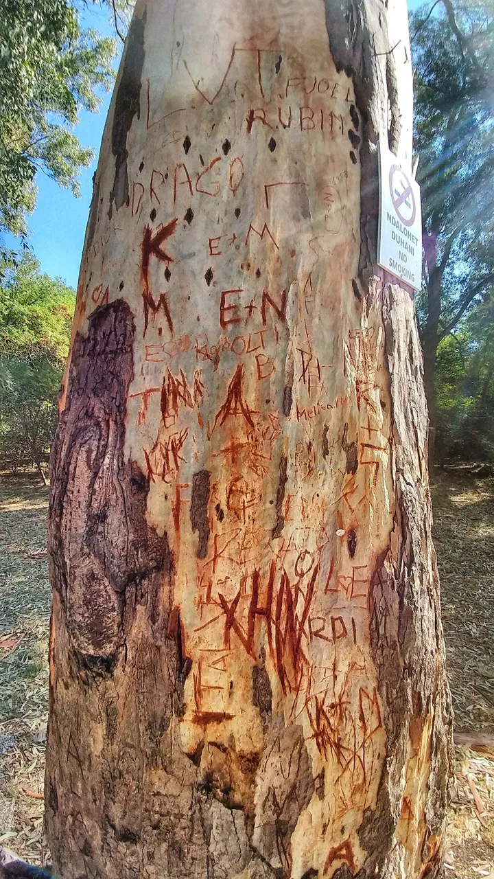 A column with modern scratches from tourists