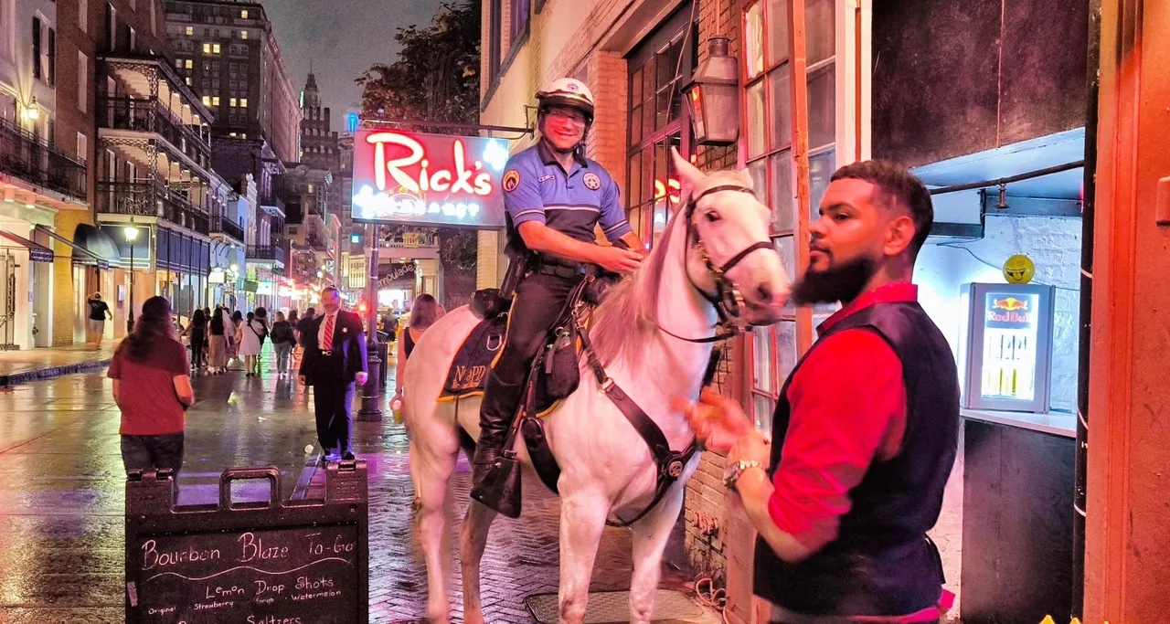 A policeman in New Orleans visits a pub - with his horse