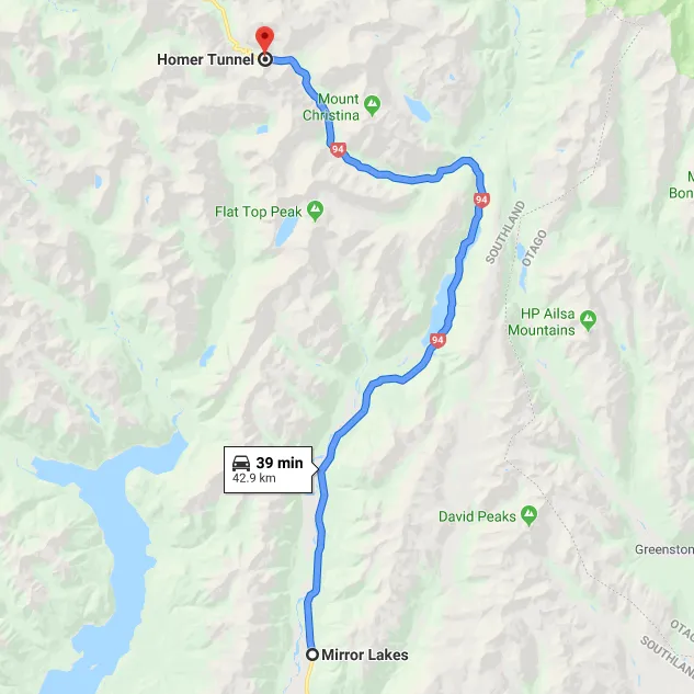 The route from Mirror Lakes to Homer Tunnel