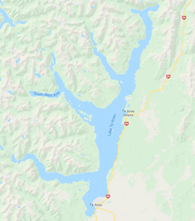 The town of Te Anau is at the south east side of Lake Te Anau (screenshot from Google Maps)