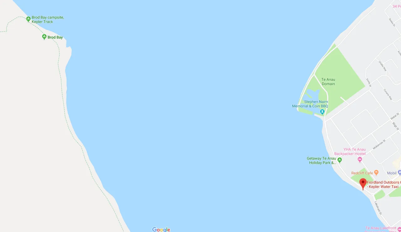 The Keplar Water Taxi will pick you up from the bay just off Te Anau Terrace and drop you at Brod Bay campsite for $25NZD (screenshot from Google Maps)