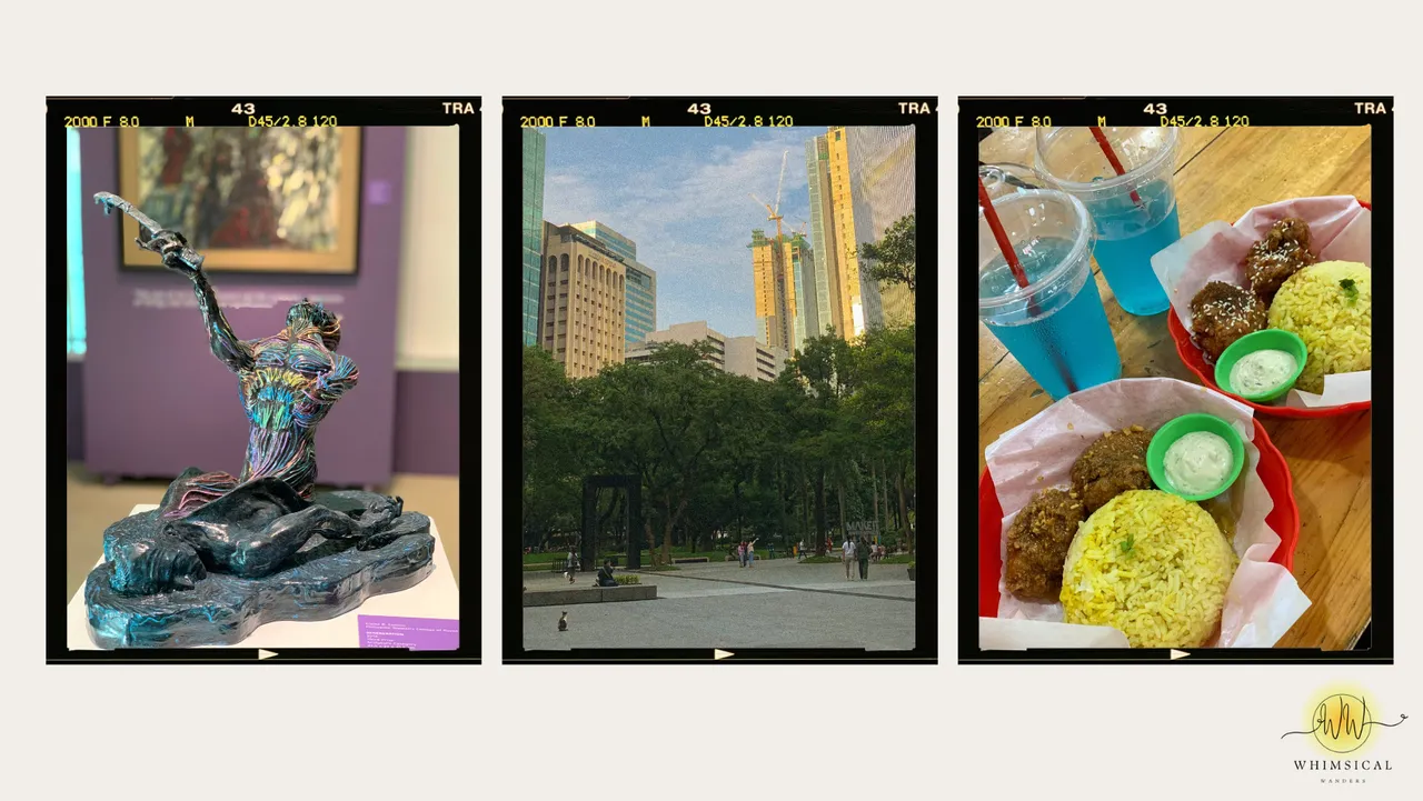 Picture to the left is a piece from an art exhibit in Ayala Museum; in the middle is a photograph of Ayala Triangle Gardens; picture to the right is some chicken wings from a hole-in-the-wall spot in Gastambide, Manila