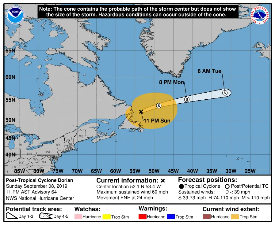 NHC predictions for Dorian, as of 11:00 p.m. EDT (31/8/2019); PD-USGov
