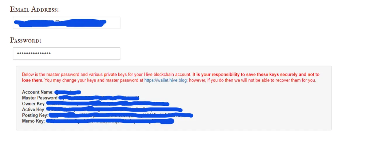 Email showing the keys required to take control of your Hive wallet for Splinterlands.
