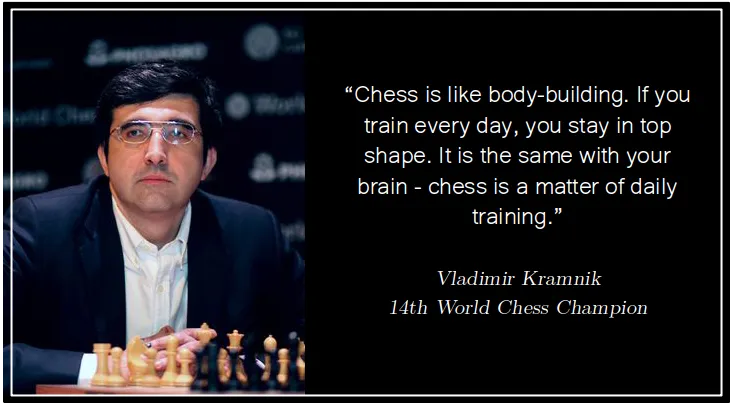 “Chess is like body-building. If you train every day, you stay in top shape. It is the same with your brain - chess is a matter of daily training.” Vladimir Kramnik 14th World Chess Champion