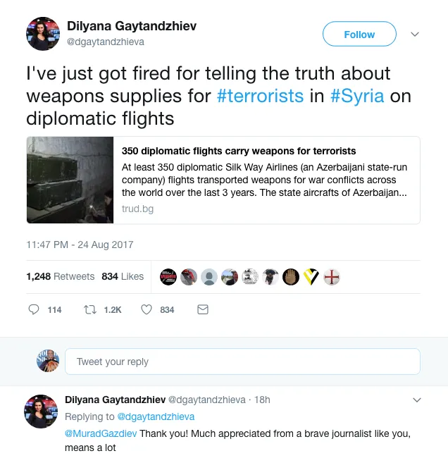 Dilyana Gaytandzhiev on Twitter   I ve just got fired for telling the truth about weapons supplies for  terrorists in  Syria on diplomatic flights https   t.co wSJTRIzKnr (3).png