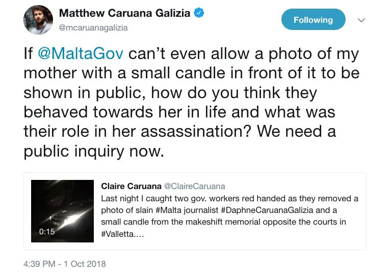 Matthew Caruana Galizia on Twitter   If  MaltaGov can’t even allow a photo of my mother with a small candle in front of it to be shown in public  how do you think they behaved towards her in life and what was their ro.png