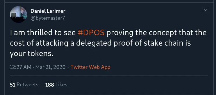 dan larimer tweets on hive / steem dpos