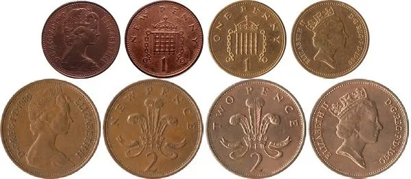 Decimalized GBP 1 penny and GBP 2 pence coins each showing 2 obverse and 2 reverse designs