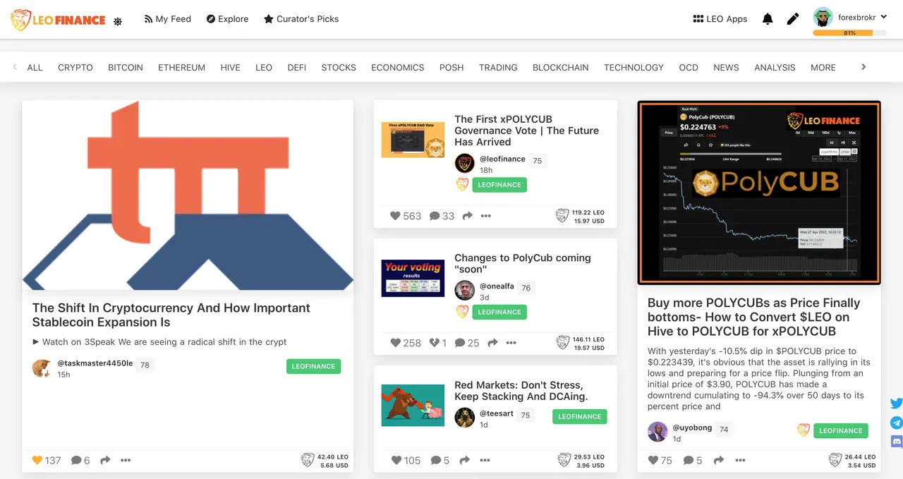 The curator’s picks section of Hive’s LeoFinance front-end.