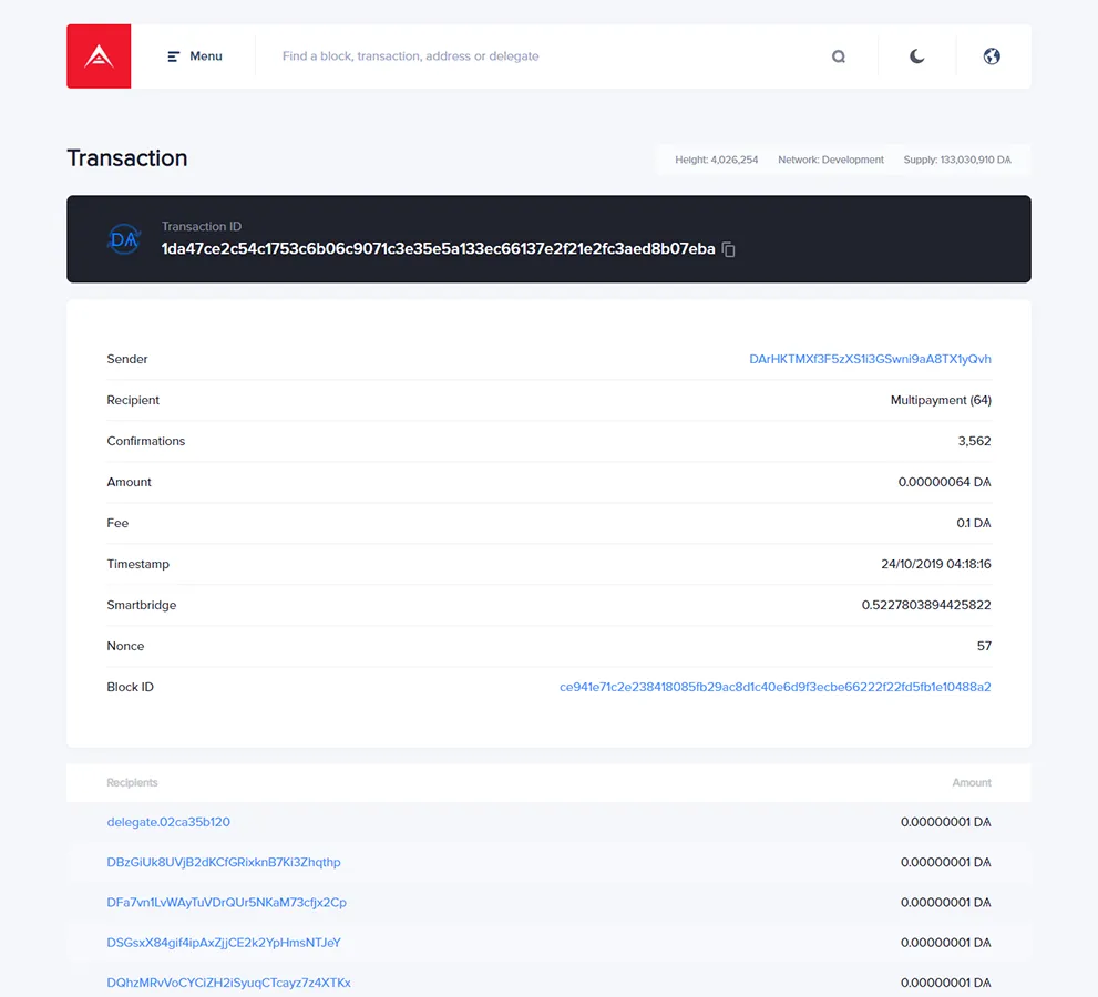 (An example of a simple Multipayment test transaction shown in ARK Explorer)