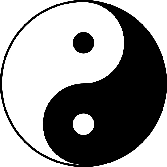 Yin-yang symbol; one black dot within a larger body of white and a white dot within a larger body of black. Both the dots and the bodies are identical to each other.