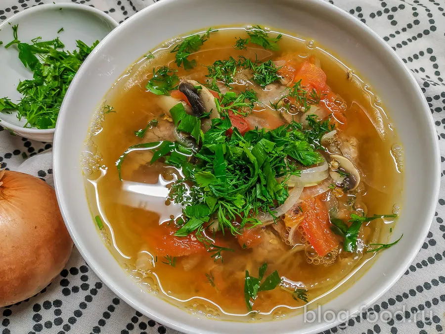 Beef soup with Udon noodles and mushrooms