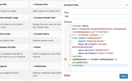 Add your AdSense ad code in custom HTML widget in WordPress