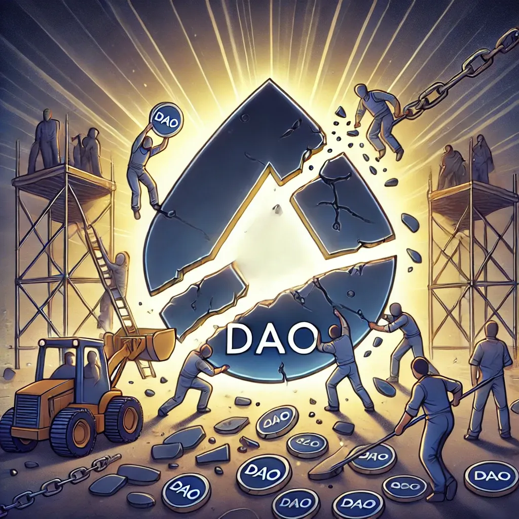 DALL·E 2024-10-19 04.42.05 - An illustration symbolizing recovery after a major exploit. The central focus is a large DAO symbol being carefully mended or repaired. Broken tokens .webp