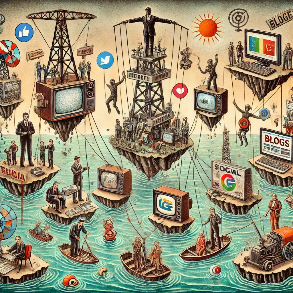 DALL·E 2024-09-28 13.49.03 - An illustration depicting various media channels as separate islands. Each island represents a different media platform with distinct styles and color.webp