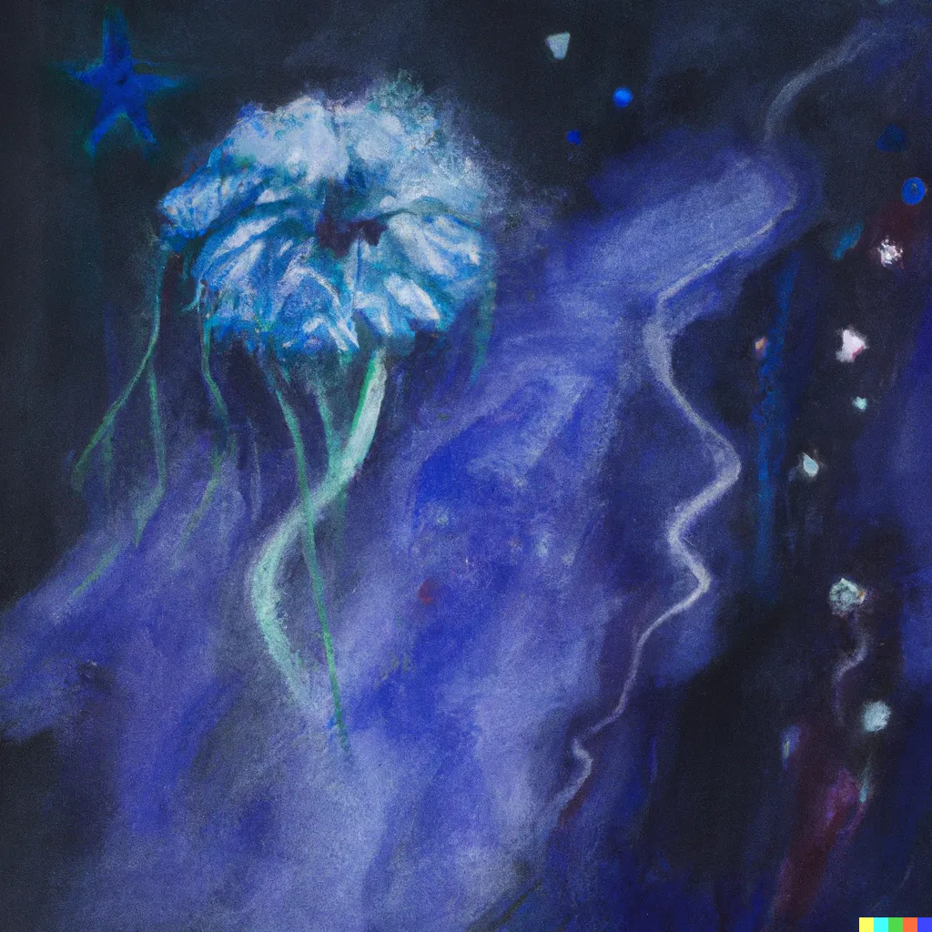 DALL·E 2023-04-04 21.39.17 - Aquarela painting portrait of a sad flower in sea blue royal on a dark background of smooke and stars.png