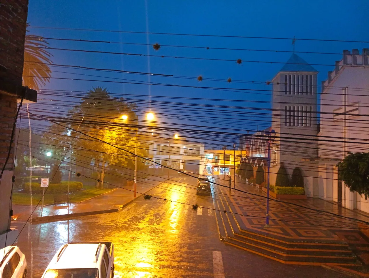 When it rains... Water management was one of my favorite topics in University. I'll probably be fine. Picture taken from my balcony, facing the park. Also, more cables. Just with the fiber-cables I could prepare a lot of zombie-traps.