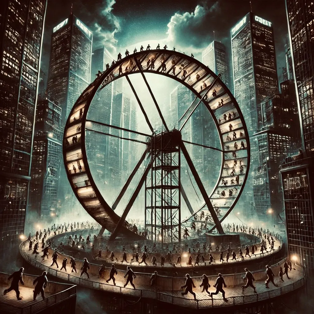 DALL·E 2025-03-09 13.10.21 - A surreal digital painting depicting the 'rat race' as a dystopian system of control. A massive, endless hamster wheel filled with countless people in.jpg