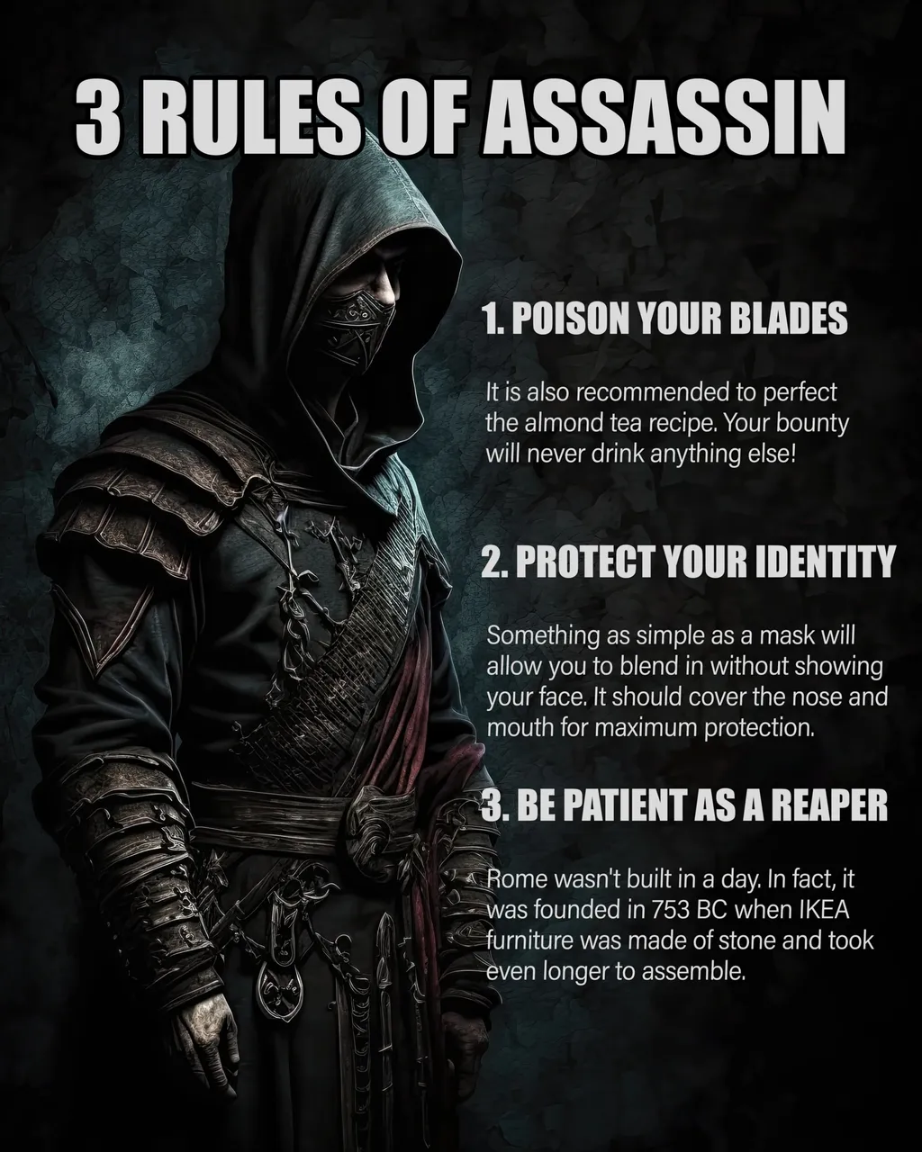 3 Rules Of Assassin - 20" x 16" Matte Poster Design