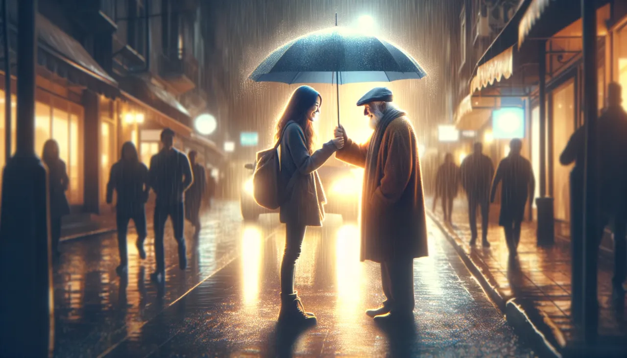 DALL·E 2024-02-09 19.43.30 - Imagine a heartwarming scene on an urban street during a gentle rain. In this scene, an individual is sharing their umbrella with a stranger, both of.png