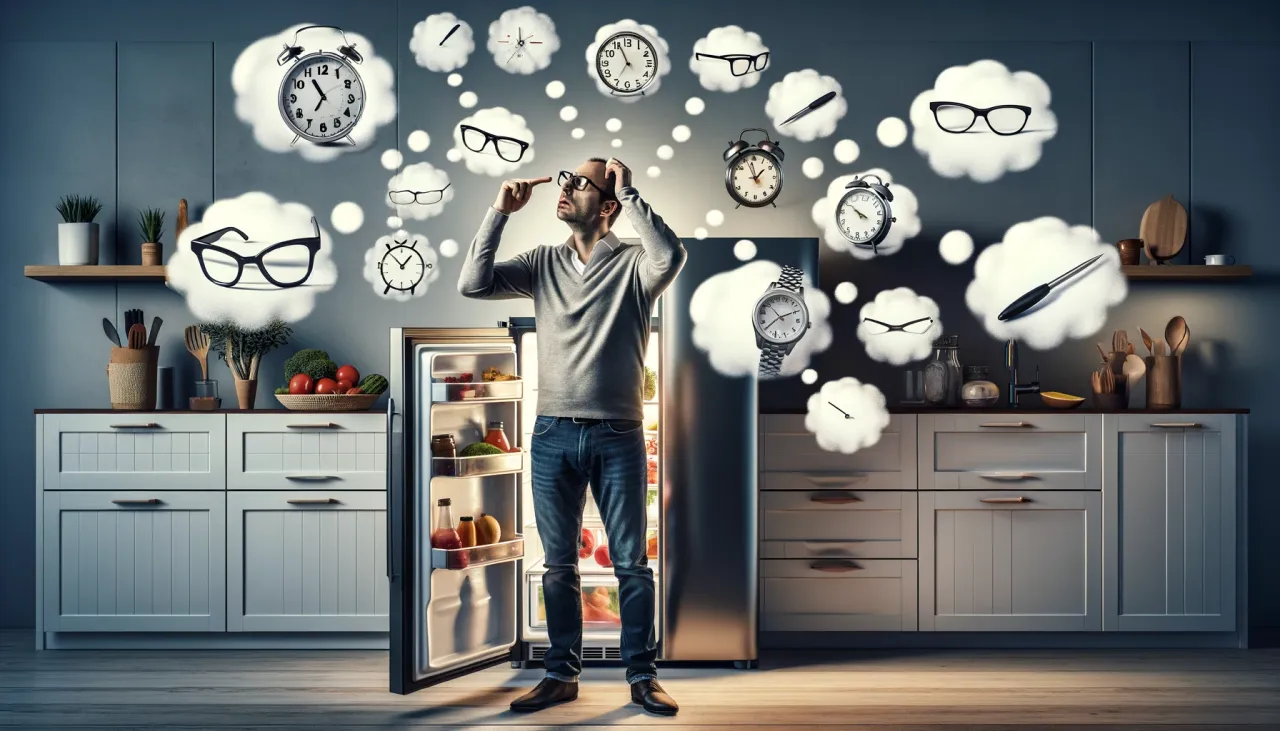 DALL·E 2024-02-08 11.50.29 - Visualize a humorous and relatable scene in a modern kitchen where an individual stands in front of an open refrigerator, exuding confusion and forget.png