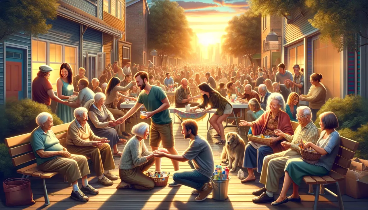 DALL·E 2024-02-09 19.45.23 - Create a high-quality, photo-realistic horizontal image illustrating a diverse group of people coming together in acts of kindness, embodying the esse.png
