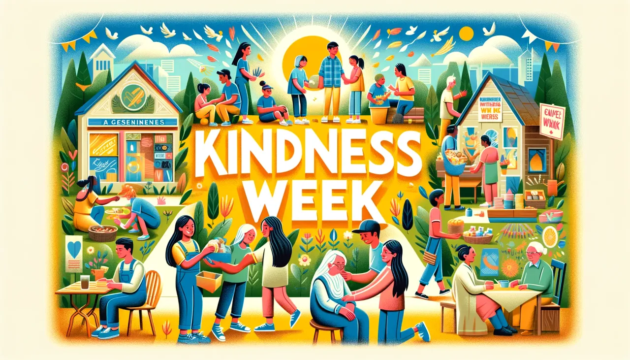 DALL·E 2024-02-08 18.43.40 - Create a visually engaging, horizontal image that clearly displays the text _Kindness Week_ in large, legible letters at the center. Surround this cen.png