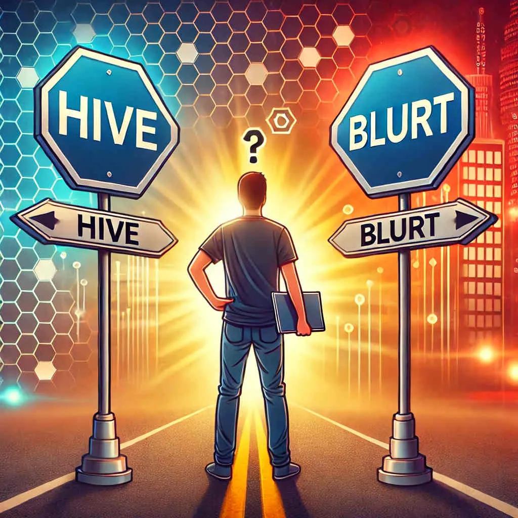 DALL·E 2025-03-12 19.30.19 - A digital illustration of a person standing at a crossroads, looking at two different signs_ one pointing to 'Hive' and the other to 'Blurt'. The pers.jpg