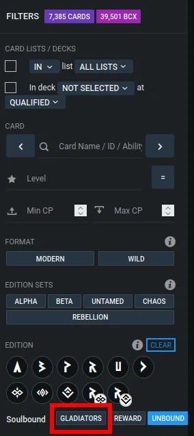 PeakMonsters card filters panel