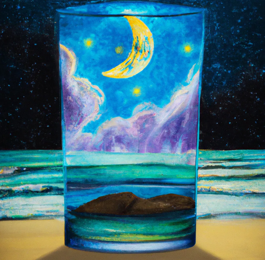DALL·E 2023-02-24 17.19.39 - A surreal painting of a glass that contaings the night, the moon and the stars, on a beach in a sunny day.png
