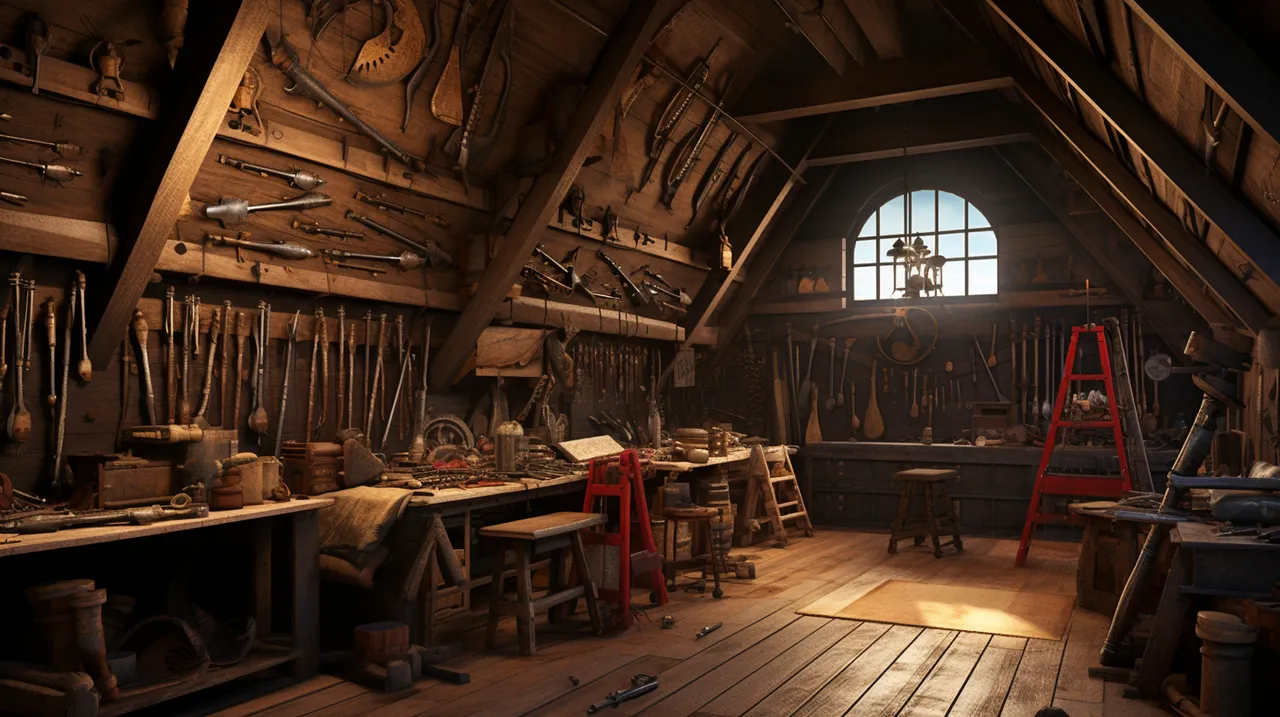 yesyes8131_an_attic_with_metal_weapons_on_the_walls_e97fffc9-7cad-4b30-ab52-b0199b6c5c8b.png