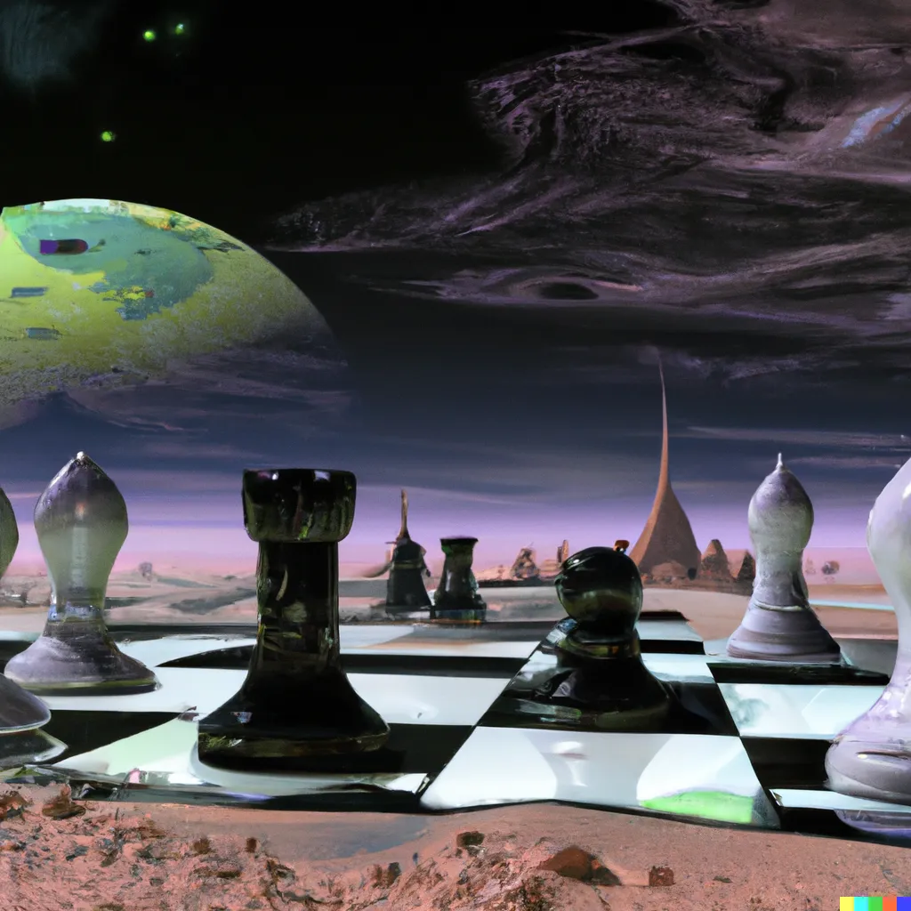 DALL·E 2022-09-30 14.58.18 - chess board with pieces on a strange alien planet with a dystopic landscape gigantic aliens are watching a chess game hyperrealistic.png