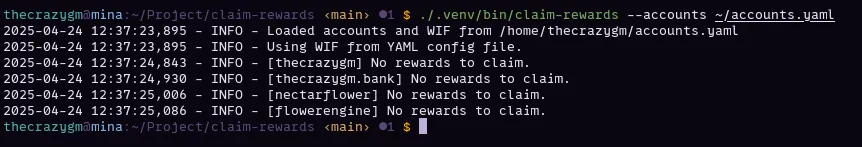 Running the script - claiming rewards across multiple accounts.