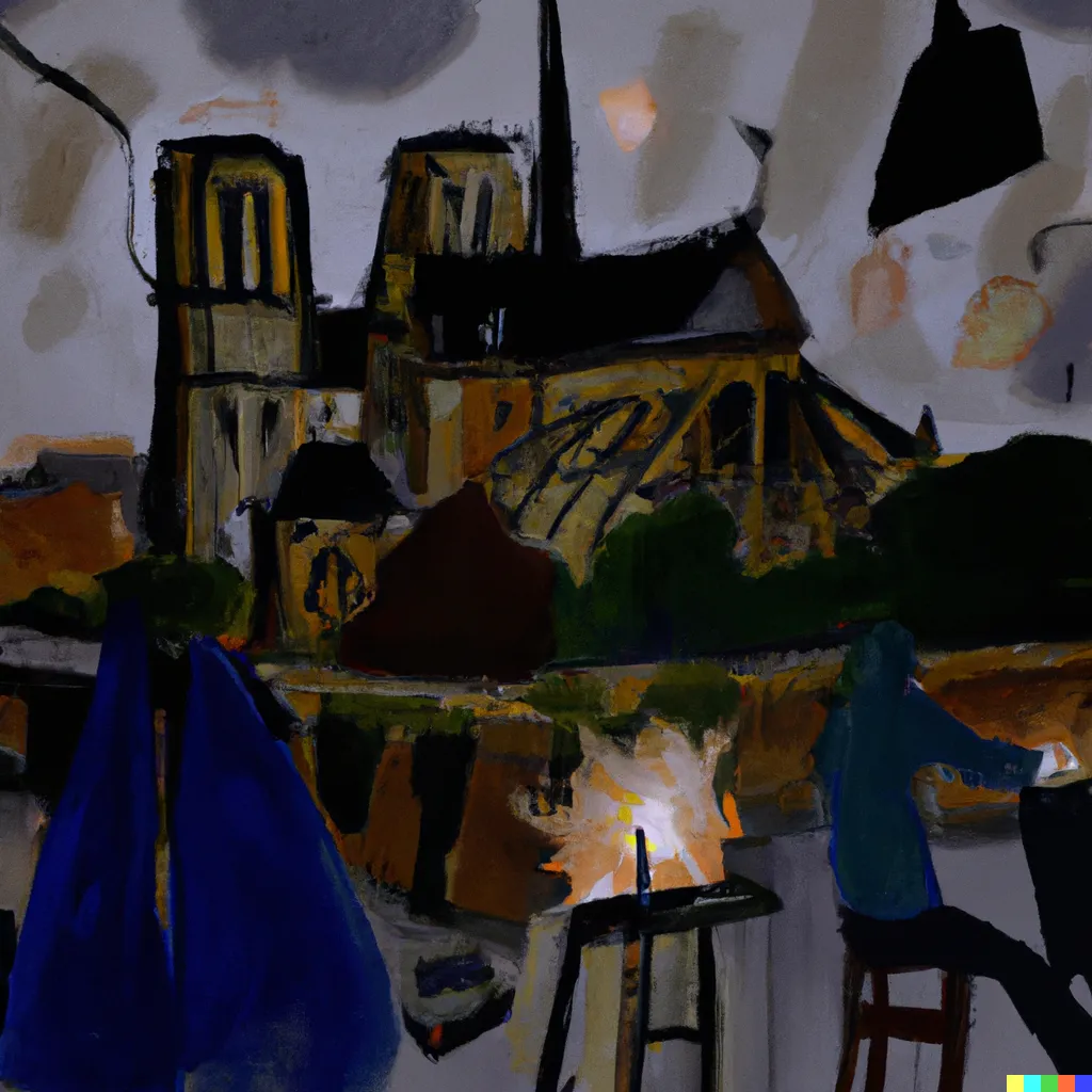 DALL·E 2023-04-05 11.49.35 - create a painting of picasso in dirty clothes painting paris and the notre dame in the night with illumination and lamps turned on..png