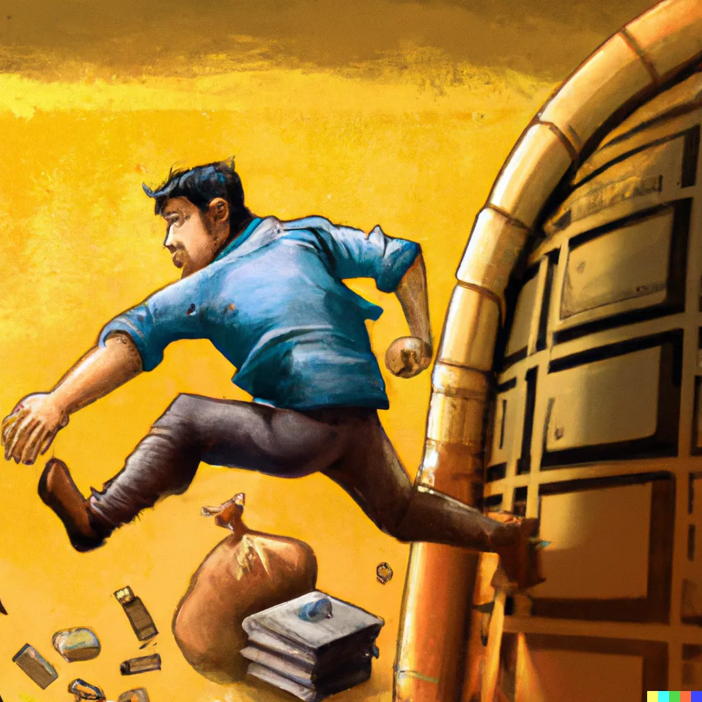 DALL·E 2023-03-14 13.58.23 - create a realistic painting of a man running with a bag of money under his arm out from a bank vault..png