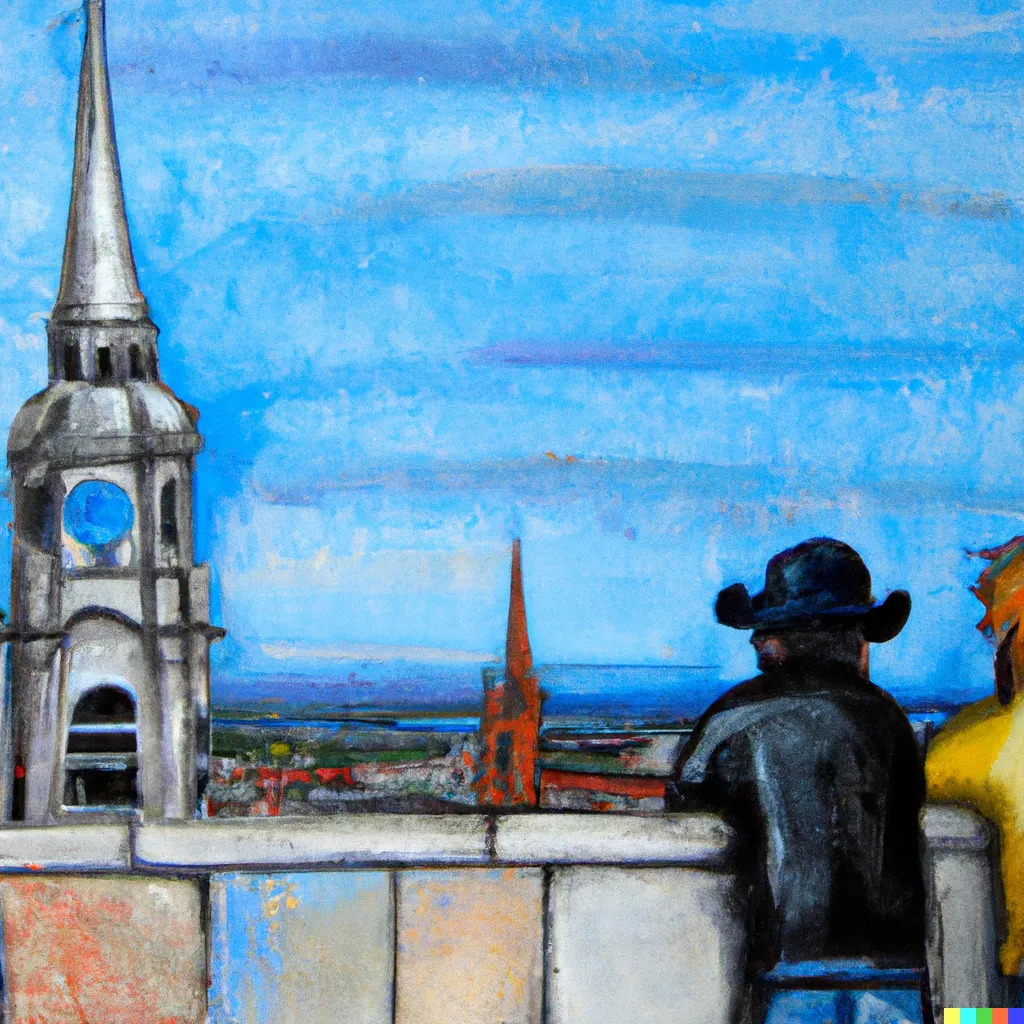 DALL·E 2023-03-27 09.31.55 - create a painting of jack and gill at the top of the tower of the st. stephen's cathedral in dublin with the Dublin Castle in the background..png